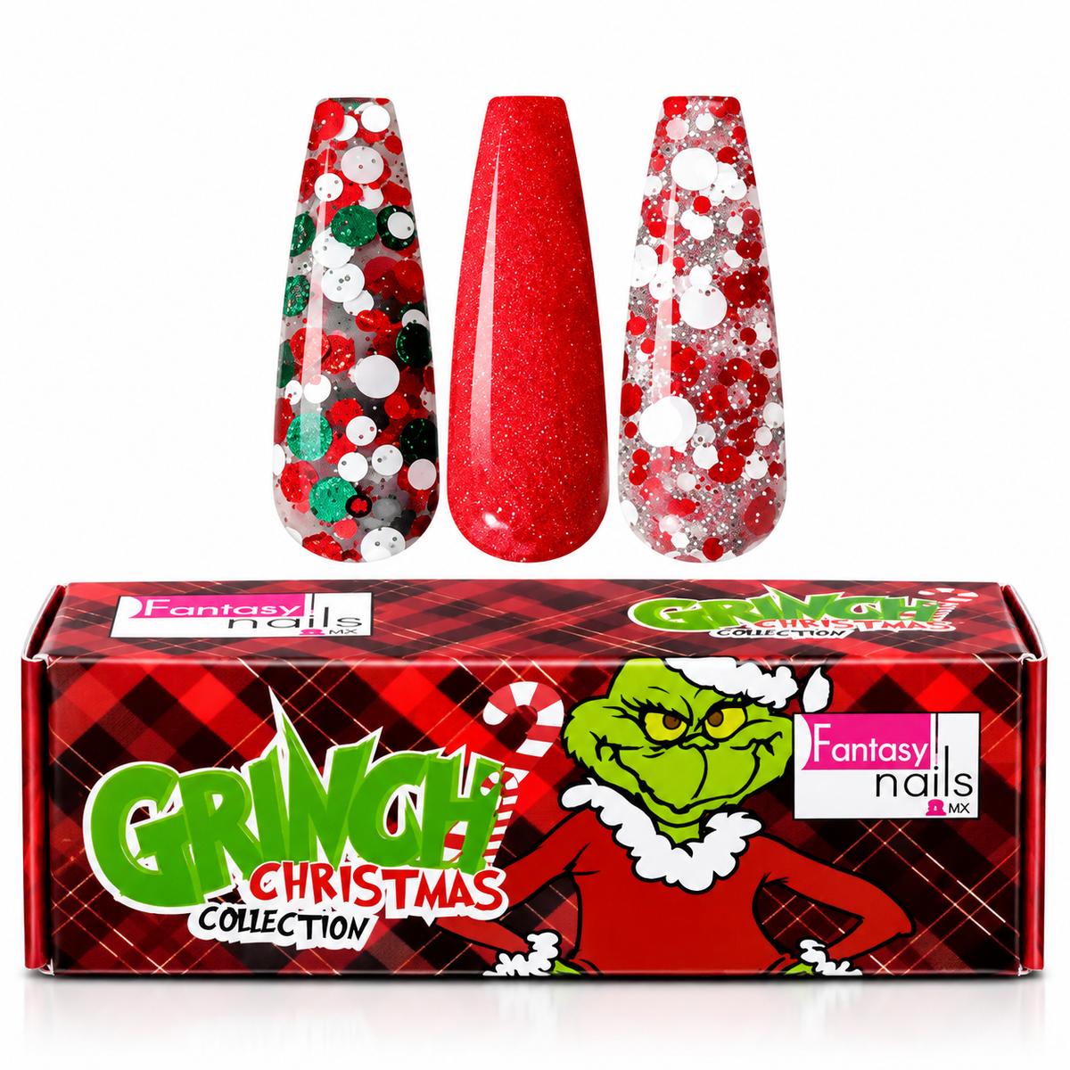 Coleccion Acrilicos 3 Pzs Grinch Roja Fantasy Nails