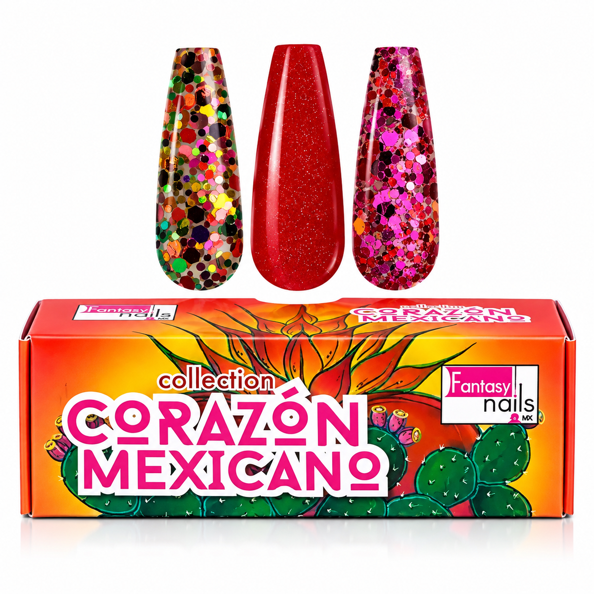 Coleccion Acrilicos 3 Pzs Corazon Mexicano Fantasy Nails