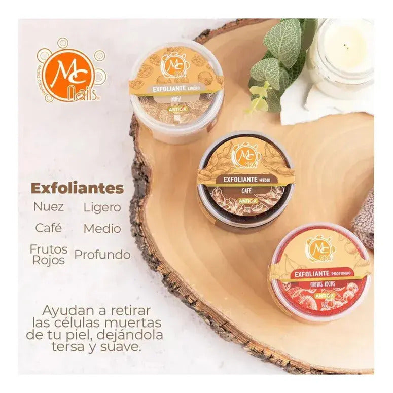 Kit 3 Pzs De Exfoliantes Para Manicure Y Pedicure 150 Gr C/U Nuez Cafe Y Frutos Rojos Mc Nails