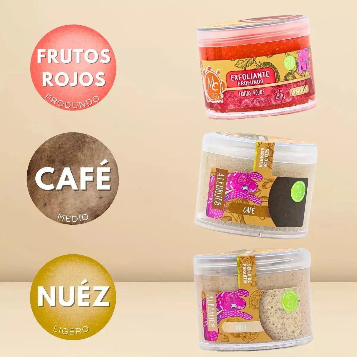 Kit 3 Pzs De Exfoliantes Para Manicure Y Pedicure 150 Gr C/U Nuez Cafe Y Frutos Rojos Mc Nails